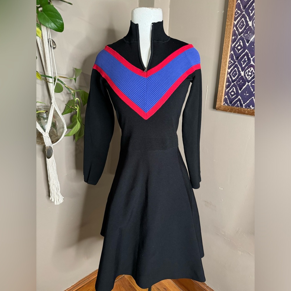 Sandro Knit Blue/Red Zip‎ Neck Long Sleeve Dress Sz S-M